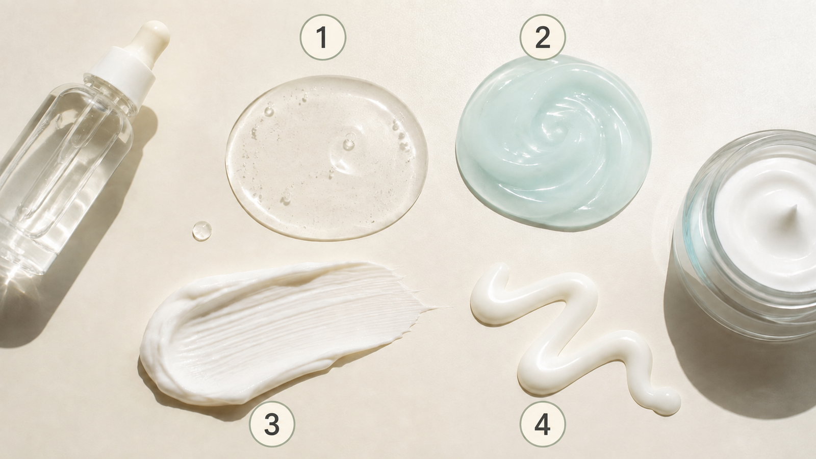 Four Korean skincare texture steps: hydrating serum, gel moisturizer, rich moisturizer, and sunscreen