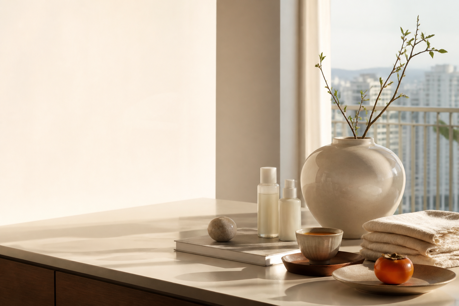 Korean lifestyle objects arranged in a warm modern home