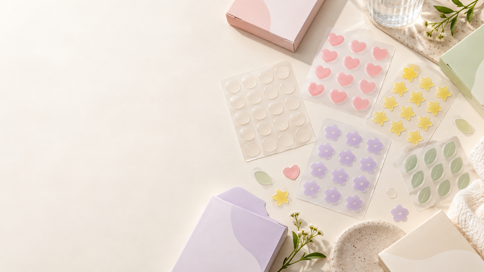 Colorful and shaped pimple patches in a Korean beauty-inspired flat lay