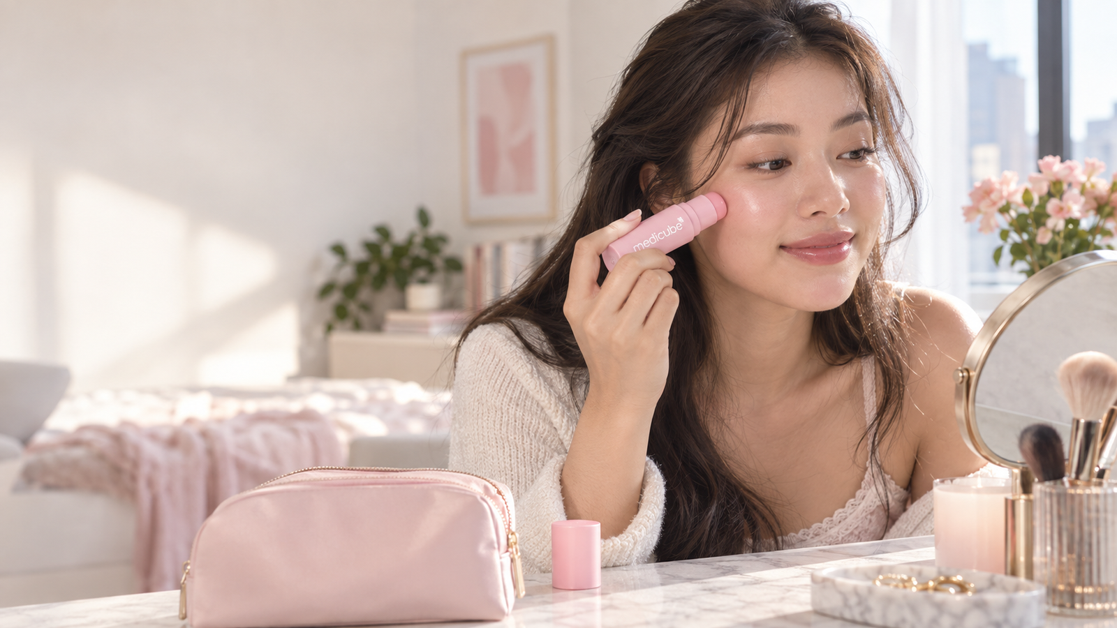 A woman applying the pink Medicube PDRN Multi Balm to her cheek