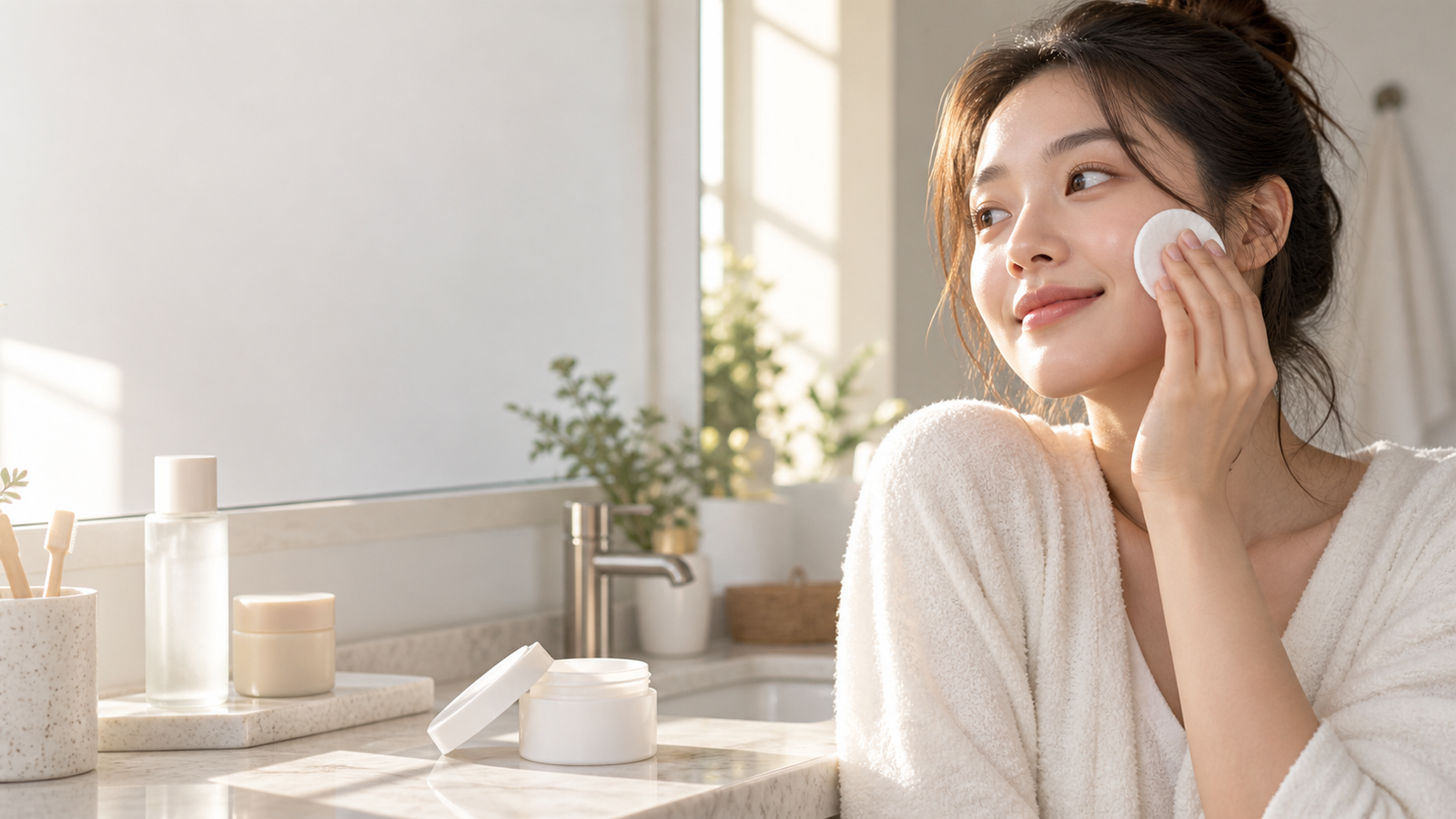 Young adult using a toner pad in a skincare routine