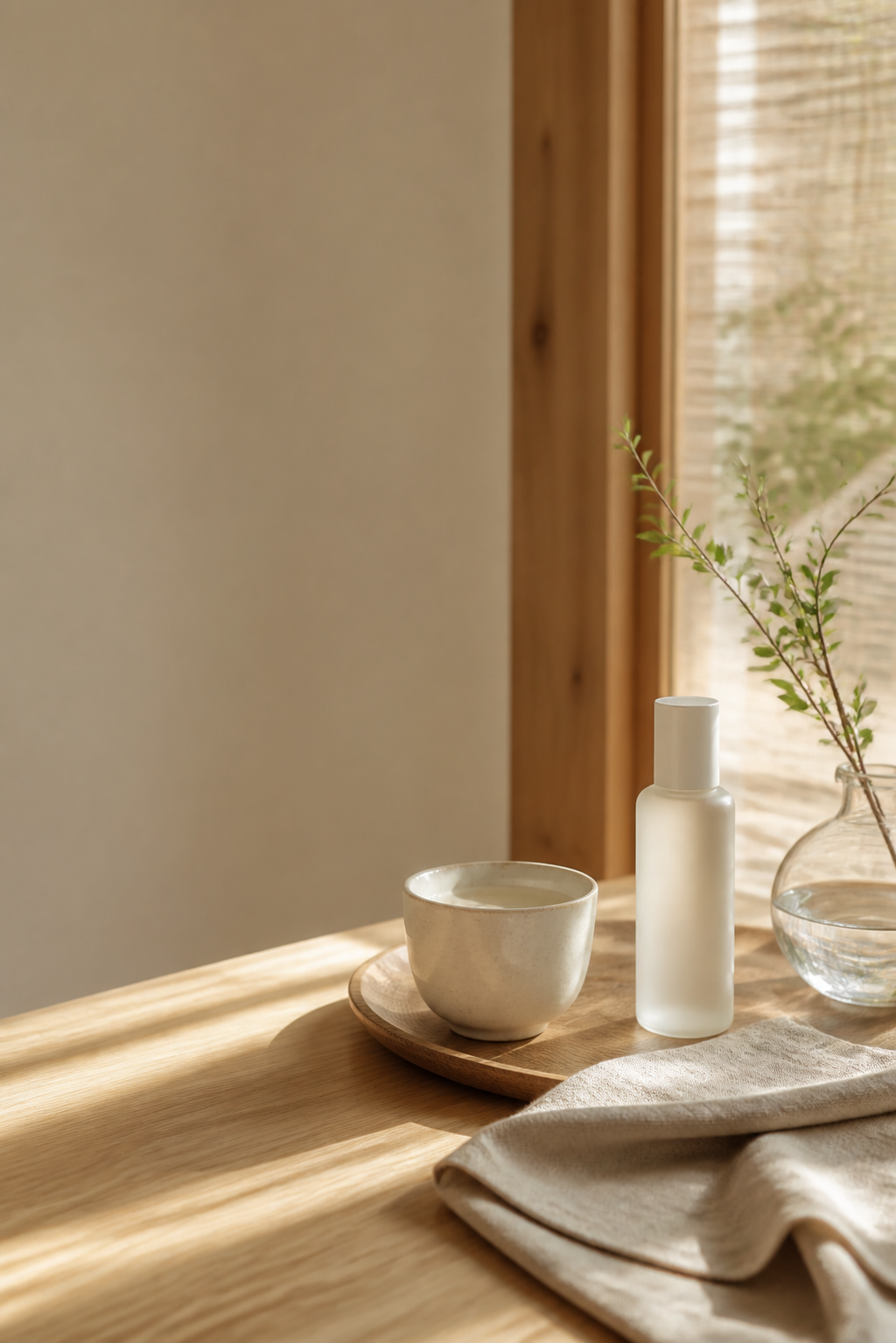 A quiet Korean lifestyle still life with tea, skincare and natural light