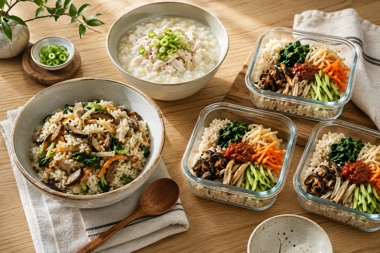 Mushroom vegetable rice, chicken rice porridge, and Korean rice meal-prep bowls